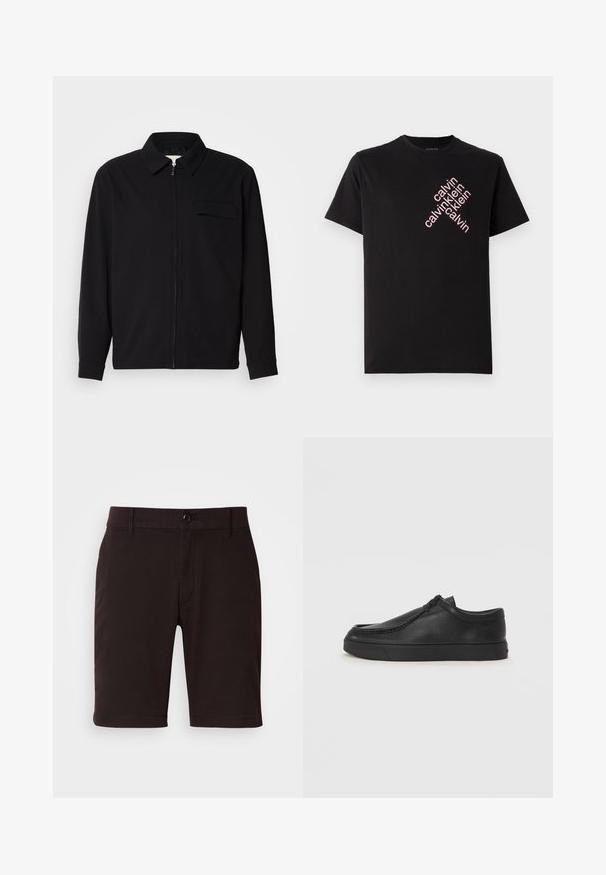 Camisa negra de manga larga que presenta un cuello con solapa, cierre frontal con cremallera y un bolsillo en el pecho. Fabricada con una tela texturizada y un corte holgado.; Camiseta de algodón negra con un estampado diagonal del logo "calvin klein" en rosa en la parte frontal. Manga corta y escote redondeado.; Pantalones cortos negros de tela suave, con cierre de botón, trabillas para cinturón y líneas limpias. La longitud llega justo por encima de la rodilla.; Zapato de piel negro tipo slip-on con punta redonda, detalles de costura y suela de goma negra. Textura suave con un diseño minimalista.