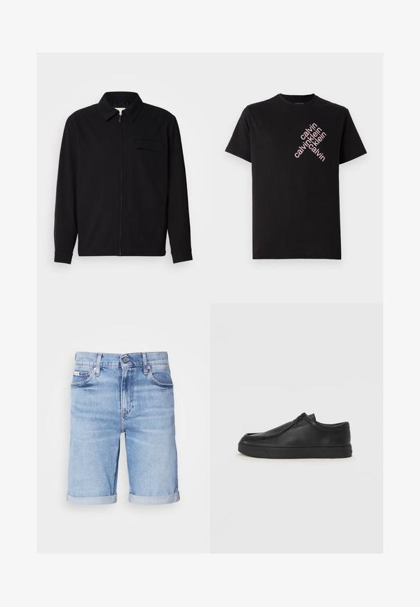 Melna garām piedurknēm krekls ar apkakles izgriezumu, priekšējo rāvējslēdzēju un krūšu kabatu. Izgatavots no teksturēta auduma ar brīvu piegriezumu.; Melnas kokvilnas T-krekls ar diagonālu rozā "calvin klein" logotipa apdruku priekšā. Īsas piedurknes un noapaļots kakls.; Gai zilu denimu šorti ar taisnu griezumu, apvītu maliņu, piecu kabatu dizainu un vienu pogu aizdari jostas vietā.; Melnas ādas slip-on kurpes ar noapaļotu purngalu, šūšanas detaļām un melnu gumijas zoli. Gluda tekstūra ar minimālistisku dizainu.