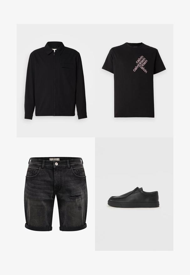 Crna majica dugih rukava s ovratnikom, prednjim zatvaračem i džepom na prsima. Izrađena od teksturiranog materijala s opuštenim krojem.; Crna pamučna majica s dijagonalnim ružičastim otiskom "calvin klein" na prednjem dijelu. Kratki rukavi i okrugli izrez.; Crne traper šortse s ispucalim završetkom, s prevrnutim rubovima, pet džepova i suptilnim izbljedjivanjem za teksturu i detalje.; Crne kožne cipele bez vezivanja s okruglim vrhom, šivanim detaljima i crnom gumenom potplatom. Glatka tekstura s minimalističkim dizajnom.