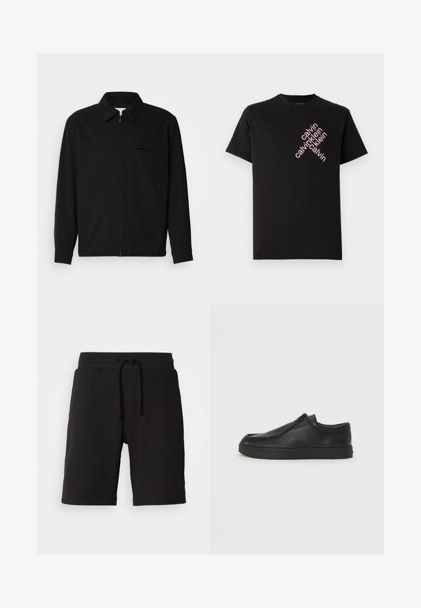 Svart langermet skjorte med krage, frontlås og brystlomme. Laget av teksturert stoff med en avslappet passform.; Svart bomull T-skjorte med skrå rosa "calvin klein" logo trykk foran. Korte ermer og rund halslinning.; Svarte strikke shorts med teksturert stoff, elastisk midje med justerbar snøring og sidelommer. Lengden går over kneet.; Sorte skinnsko uten snøring med rund tå, sydd detaljer og svart gummisåle. Glatt tekstur med minimalistisk design.