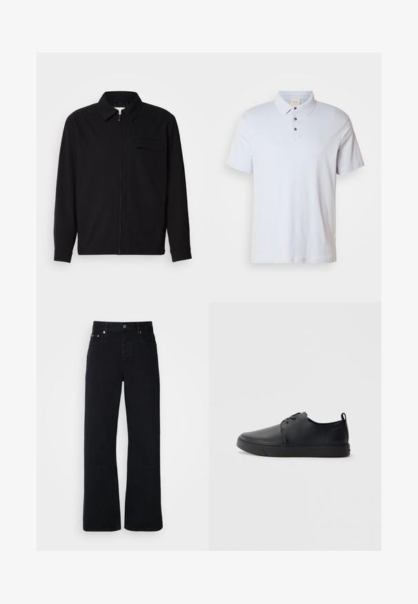 Svart långärmad skjorta med krage, framfickslås och bröstficka. Tillverkad av strukturerad tyg med avslappnad passform.; Ljusblå polo skjorta i bomull, med en treknapps knäppning, en vikbar krage, korta ärmar och en liten logotyp på bröstet.; Svarta denimbyxor med rak bendesign, med knappstängning, femficksdesign och minimala metallaccenter.; Svart lädersneaker med en slät yta, rund tå, tonad sömnad, snörning framtill och en platt gummisula. Ögla vid hälen.