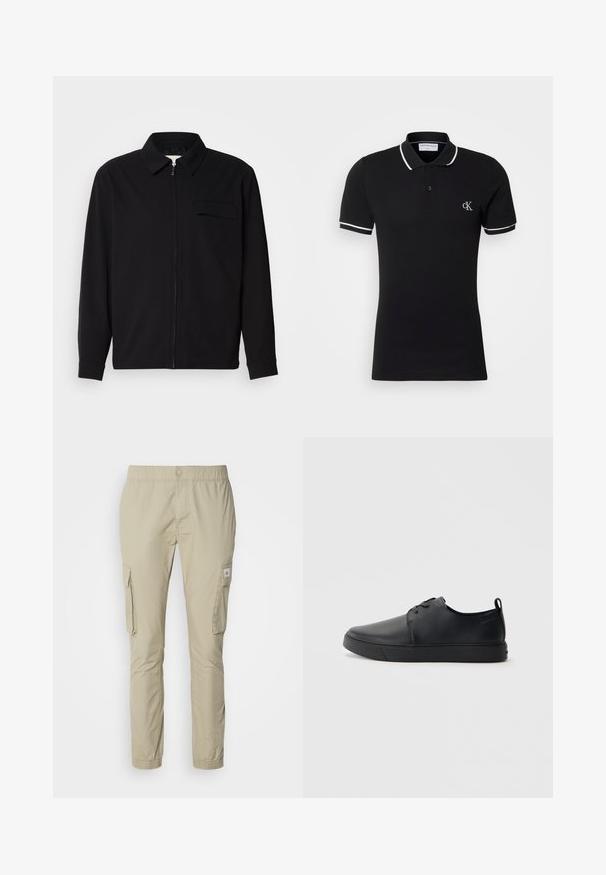 Black long-sleeve shirt featuring a collared neckline, front zip closure, and a chest pocket. Made of textured fabric with a relaxed fit.; Black polo shirt made of cotton, featuring a slight stretch, with a white collar and sleeve trim, and a small logo on the chest.; Beige cargo pants with an elastic waistband, two side cargo pockets, and a smooth texture. Features a small logo patch on the pocket.; Black leather sneaker with a smooth finish, rounded toe, tonal stitching, lace-up front, and a flat rubber sole. Loop at the heel.