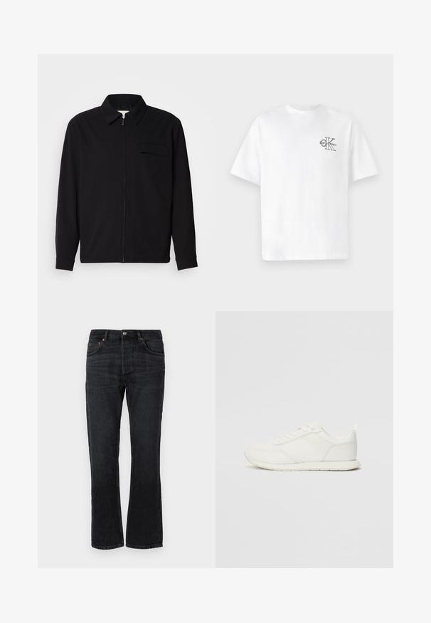 Črna dolgoročna majica z ovratnikom, sprednjim zadrgo in žepom na prsih. Narejena iz teksturirane tkanine z sproščenim krojem.; Bela bombažna majica s kratkimi rokavi, krožnim izrezom, s črnim CK logotipom na levi strani prsnega dela, standardne velikosti, gladke teksture.; Črne jeans hlače z ravnim krojem, petimi žepi in oranžnimi šivi. Gladka tekstura in minimalni učinek bledenja.; Bela tenisa z mrežasto in sintetično zgornjo plastjo, okroglo oblikovano prstno območje, ravne vezalke in teksturirana stranska črta. Gumijast podplat z zanko na hrbtni strani.