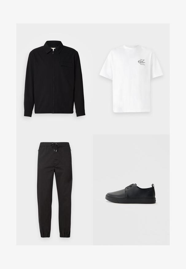 Melna garām piedurknēm krekls ar apkakles izgriezumu, priekšējo rāvējslēdzēju un krūšu kabatu. Izgatavots no teksturēta auduma ar brīvu piegriezumu.; Balta kokvilnas T-krekls ar īsām piedurknēm, apaļo kaklu, ar melnu CK logotipu kreisajā krūšu zonā, standarta piegriezums, gluda tekstūra.; Melni, sašaurināti bikses no viegla auduma. Tām ir elastīga josta ar auklu, sānu kabatas un elastīgi uzmavas potītēs.; Melnas ādas kedas ar gludu apdari, noapaļota purngala, tonāla šuvēm, auklu fronti un plakanu gumijas zoli. Cilpa pie papēža.