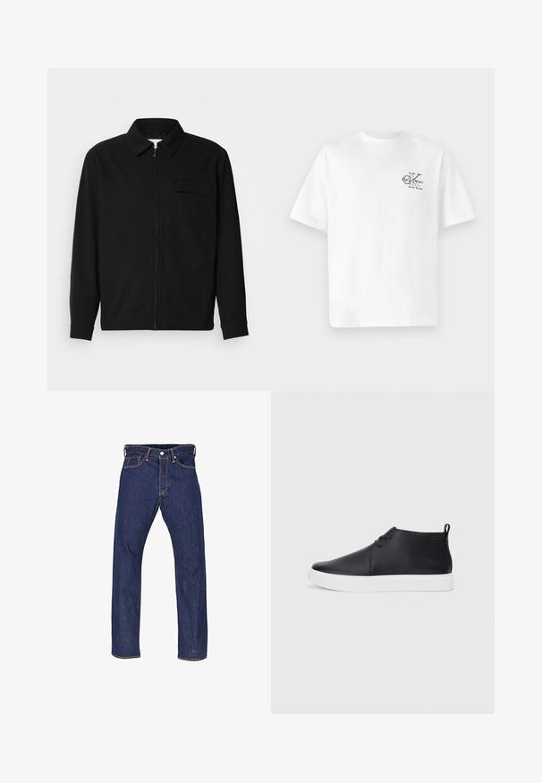 Fekete, hosszú ujjú póló, gallérral, elülső cipzárral és mellzsebbel. Texturált anyagból készült, laza szabású.; Fehér pamut póló rövid ujjakkal, kerek nyakkal, a bal mellkas részen fekete CK logóval, normál szabású, sima tapintású.; Sötétkék farmernadrág, egyenes szabású, öt zsebbel és kontrasztos varrással. Gombos zipzárral és fémtűzésekkel rendelkezik.; Fekete bőr magas szárú sneakers, sima felülettel, fehér gumi talppal és egyszerű, fűzős dizájnnal. Hátul húzófül található.