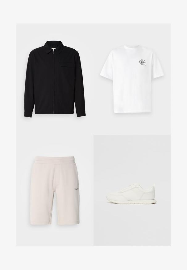 Schwarzes Langarmshirt mit Kragen, Frontreißverschluss und Brusttasche. Aus strukturiertem Stoff mit entspannter Passform.; Weißes Baumwoll-T-Shirt mit kurzen Ärmeln, Rundhalsausschnitt, mit einem schwarzen CK-Logo im linken Brustbereich, normale Passform, glatte Textur.; Helle beige Sweatshorts aus Baumwollmischung, mit einem elastischen Bund, Seitentaschen und kleinem schwarzen Logodetail an einem Bein.; Weißer Sneaker mit einem Obermaterial aus Mesh und Synthetik, runder Zehenform, flachen Schnürsenkeln und einem strukturierten Seitenstreifen. Gummisohle mit einer Lasche hinten.