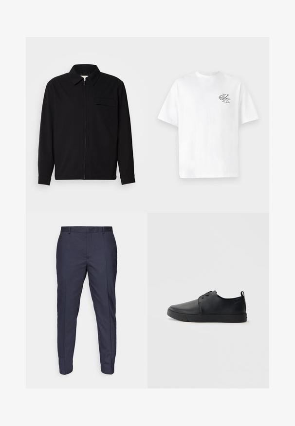 Svart langermet skjorte med krage, frontlås og brystlomme. Laget av teksturert stoff med en avslappet passform.; Hvit bomull t-skjorte med kort erme, rund hals, med en svart CK-logo på venstre brystområde, standard passform, glatt tekstur.; Marineblå bukser med en glat tekstur, slim fit design og pressefolder. Har bæltesløjfer og en lynlås i lukningen.; Svart lær sneakers med glatt overflate, rund tå, tonede sømmer, snøring foran og flat gummisåle. Løkke på hælen.
