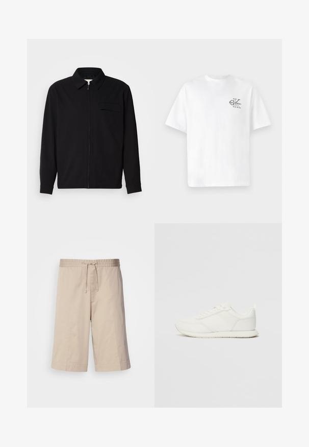 Melna garām piedurknēm krekls ar apkakles izgriezumu, priekšējo rāvējslēdzēju un krūšu kabatu. Izgatavots no teksturēta auduma ar brīvu piegriezumu.; Balta kokvilnas T-krekls ar īsām piedurknēm, apaļo kaklu, ar melnu CK logotipu kreisajā krūšu zonā, standarta piegriezums, gluda tekstūra.; Bežīgas kokvilnas šorti ar elastīgu jostu, auklu un taisnu piegriezumu. Bez kabatām, ar gludu un vieglu tekstūru.; Baltie sporta apavi ar mežģīņu un sintētisko augšdaļu, apaļu purngalu, plakanu mežģīņu un teksturētu sānu joslu. Gumijas zole ar cilpu aizmugurē.