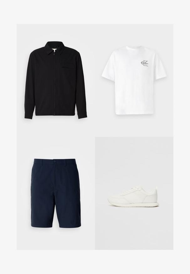 Must valgade varrukatega must särk, millel on krae, ees tõmbluku sulgemine ja rinna tasku. Valmistatud tekstuurilisest kangast ning mugav lõige.; Valge puuvillane T-särk lühikeste varrukatega, ümmarguse kaelusega, mille vasakul rinnal on must CK logo, tavaprofiil, sile tekstuur.; Tumedad sinised lühikesed püksid, mis on valmistatud kerge materjaliga. Need omavad klassikalist lõiget, tagataskuid ja esipoolse nööbiga sulgumisega, millel on tõmblukk.; Valged tennisesid, millel on võrgust ja sünteetilisest materjalist ülemine osa, ümar varvas, lamedad paelad ja tekstureeritud külgmine triip. Kummist tallaosa, tagaküljel tõmbetab.