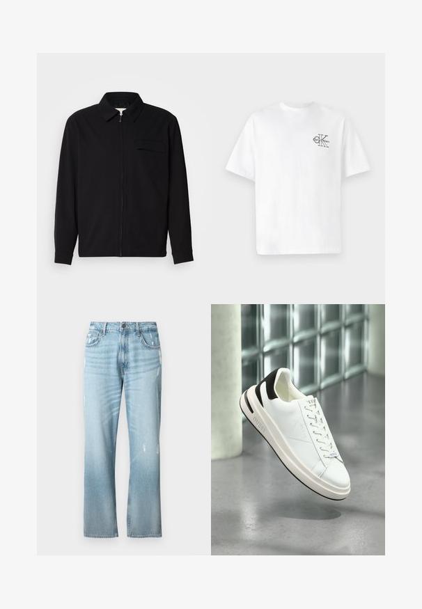 Černá dlouhá rukávová košile s límečkem, předním zipovým uzávěrem a kapsou na hrudi. Vyrobená z texturované tkaniny s uvolněným střihem.; Bílý bavlněný tričko s krátkým rukávem, kulatým výstřihem, s černým logem CK na levé části hrudníku, standardní střih, hladká textura.; Světle modré džíny z denimu s mírně volným rovný fit, disponující zničenými prvky, klasickým designem s pěti kapsami a zapínáním na knoflík.; Bílé kožené tenisky s černými akcenty, plochým zavazováním a texturovanou podrážkou. Na boku a na jazyku je logo "GUESS".