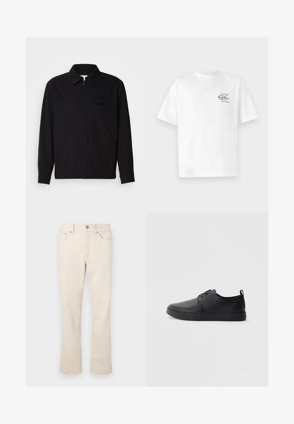 Black long-sleeve shirt featuring a collared neckline, front zip closure, and a chest pocket. Made of textured fabric with a relaxed fit.; White cotton t-shirt with short sleeves, crew neck, featuring a black CK logo on the left chest area, standard fit, smooth texture.; Beige, cotton blend jeans with a straight leg design. Features a front button and zipper closure, five pockets, and subtle stitching details.; Black leather sneaker with a smooth finish, rounded toe, tonal stitching, lace-up front, and a flat rubber sole. Loop at the heel.