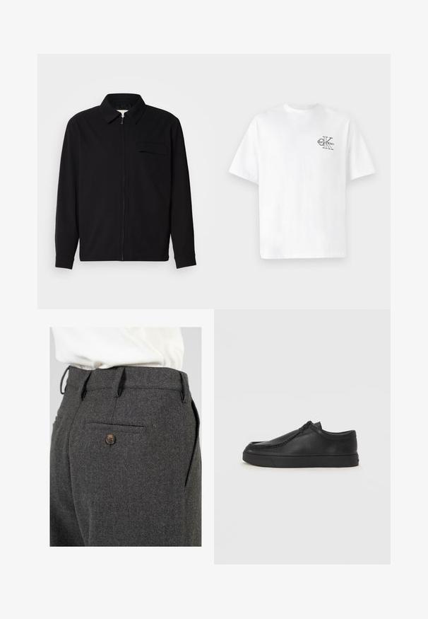 Chemise noire à manches longues avec un col, fermeture éclair à l'avant et une poche poitrine. Fabriquée en tissu texturé avec une coupe décontractée.; T-shirt en coton blanc à manches courtes, col rond, avec un logo CK noir sur la partie gauche de la poitrine, coupe standard, texture lisse.; Pantalons en laine gris avec une finition texturée, dotés d'une seule poche arrière avec un bouton marron et de passants de ceinture au niveau de la taille.; Chaussure noire en cuir à enfiler avec un bout arrondi, des détails cousus et une semelle en caoutchouc noire. Texture lisse avec un design minimaliste.