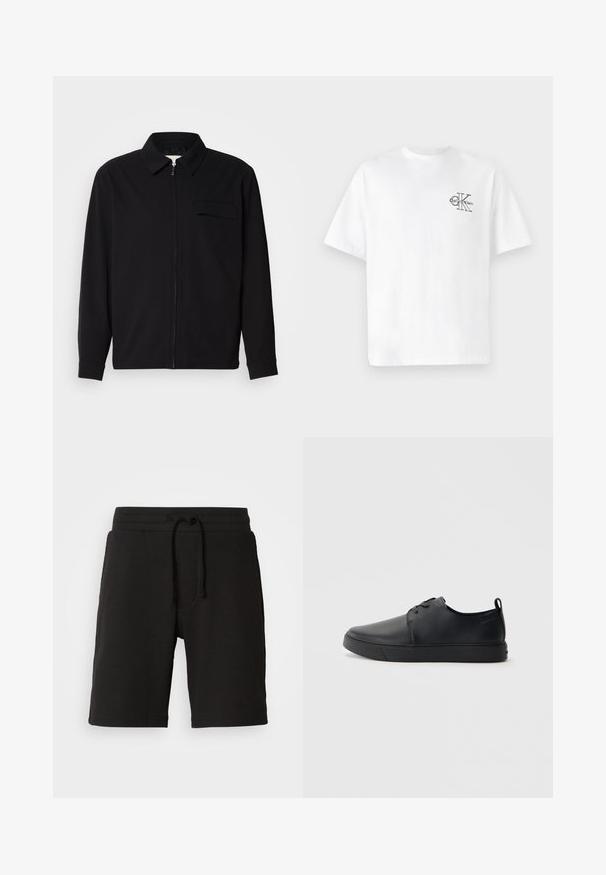 Cămașă neagră cu mânecă lungă, având guler, închidere cu fermoar pe față și buzunar pe piept. Fabricată dintr-un material texturat cu o croială lejeră.; Tricou alb din bumbac, cu mâneci scurte, de tip crew neck, având un logo CK negru pe zona stânga a pieptului, croială standard, textură netedă.; Șorti negri din tricot cu un material texturat, manșetă elastică, șnur reglabil și buzunare laterale. Lungimea se oprește deasupra genunchiului.; Sneakers din piele neagră cu un finisaj neted, vârf rotund, cusături tonale, șireturi în față și o talpă plată din cauciuc. Buclă la călcâi.