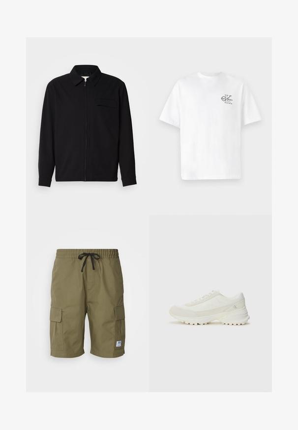 Melna garām piedurknēm krekls ar apkakles izgriezumu, priekšējo rāvējslēdzēju un krūšu kabatu. Izgatavots no teksturēta auduma ar brīvu piegriezumu.; Balta kokvilnas T-krekls ar īsām piedurknēm, apaļo kaklu, ar melnu CK logotipu kreisajā krūšu zonā, standarta piegriezums, gluda tekstūra.; Olivza zaļa krāsas bikses ar kabatām, kas izgatavotas no viegla auduma, ar elastīgu jostasvietu un auklu, kā arī sānu kabatām.; Baltas sporta apavi ar tīkla un zamša virsu, noapaļota purngala, plakaniem šņorēšanas lentēm un strukturētu, biezu gumijas zoli. Logo sānos un uz papēža.