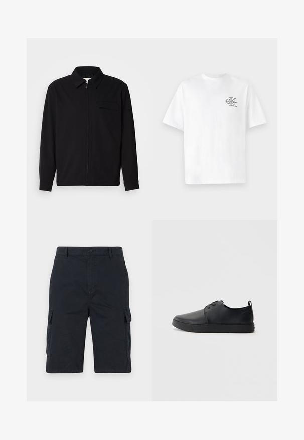 Svart langermet skjorte med krage, frontlås og brystlomme. Laget av teksturert stoff med en avslappet passform.; Hvit bomull t-skjorte med kort erme, rund hals, med en svart CK-logo på venstre brystområde, standard passform, glatt tekstur.; Mørk marineblå cargoshorts laget av bomull, med to sidelommer, knappelukking og rett snittdesign. Jevn tekstur.; Svart lær sneakers med glatt overflate, rund tå, tonede sømmer, snøring foran og flat gummisåle. Løkke på hælen.