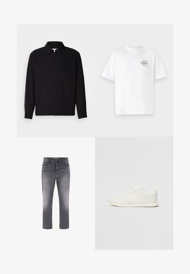 Fekete, hosszú ujjú póló, gallérral, elülső cipzárral és mellzsebbel. Texturált anyagból készült, laza szabású.; Fehér pamut póló rövid ujjakkal, kerek nyakkal, a bal mellkas részen fekete CK logóval, normál szabású, sima tapintású.; Szürke denim farmer, öt zsebes kialakítással, egyenes szabású és kopott hatású. Gombos cipzárral és kontrasztos varrási részletekkel rendelkezik.; Fehér sneaker hálós és szintetikus felsőrésszel, kerek orral, lapos fűzőkkel és textúrázott oldalsávval. Gumi talp hátul húzófüllel.