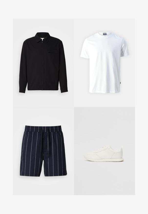 Camisa preta de manga longa com gola, fecho frontal com zíper e bolso no peito. Feita de um tecido texturizado com um corte descontraído.; T-shirt de algodão branco com decote redondo e mangas curtas, apresentando um discreto logo em relevo "Joop!" no peito e uma bainha reta.; Calções de banho azul-marinho com riscas verticais brancas, cintura elástica e cordão ajustável. Feitos de tecido leve.; Sapatilha branca com parte superior em malha e sintético, bico arredondado, atacadores planos e uma faixa lateral texturizada. Sola em borracha com uma alça na parte de trás.
