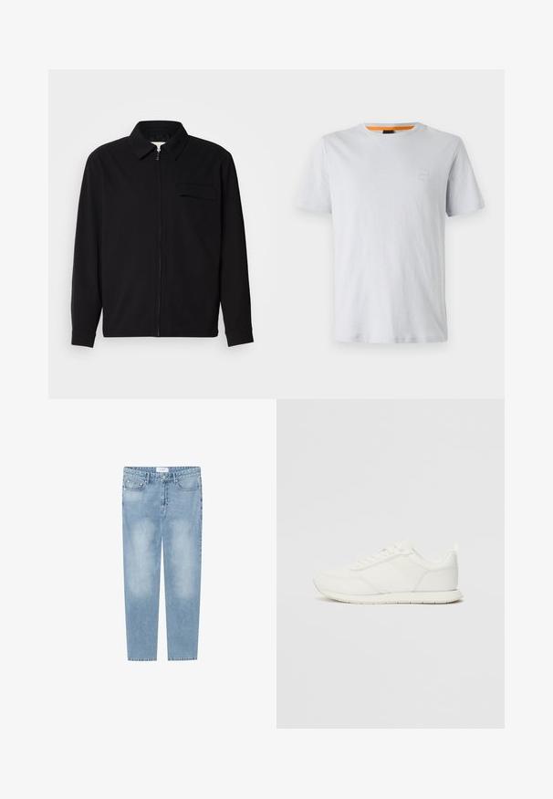 Črna dolgoročna majica z ovratnikom, sprednjim zadrgo in žepom na prsih. Narejena iz teksturirane tkanine z sproščenim krojem.; Svetlo siva majica s kratkimi rokavi iz bombaža, z majhnim logotipom na prsih in kontrastno oranžno podrobnostjo na izrezu.; Svetlo modri naravni kavbojke s ravnimi hlačnicami, izdelane iz denima. Imajo pet žepov, izblitih delov in oznako na pasu. Brez okrasnih elementov.; Bela tenisa z mrežasto in sintetično zgornjo plastjo, okroglo oblikovano prstno območje, ravne vezalke in teksturirana stranska črta. Gumijast podplat z zanko na hrbtni strani.