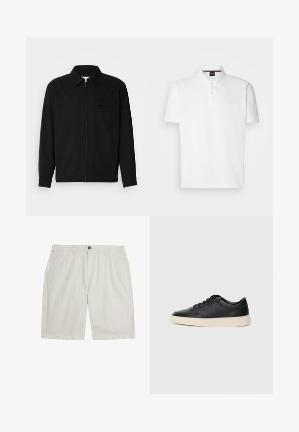 Schwarzes Langarmshirt mit Kragen, Frontreißverschluss und Brusttasche. Aus strukturiertem Stoff mit entspannter Passform.; Weißes Poloshirt aus einer Baumwoll-Polyester-Mischung, mit Kragen, zwei Knopf-Leiste und dezentem gesticktem Logo auf der Brust.; Hellbeige knielange Shorts mit Fronttaschen, Gürtelschlaufen, Knopfverschluss und sauberem, glattem Stoff.; Schwarzer niedriger Ledersneaker mit schwarzen Schnürsenkeln und cremefarbenem Sohlenrand, seitlich auf weißem Hintergrund dargestellt.