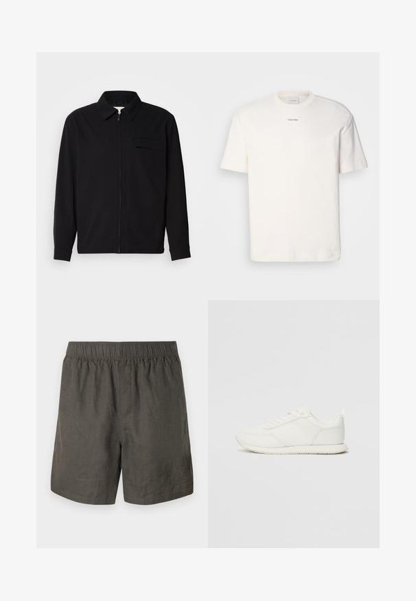 Juodas ilgomis rankovėmis marškinis, turintis apykaklės iškirptę, priekinį užtrauktuką ir krūtinės kišenę. Pagamintas iš tekstūruoto audinio, turinčio laisvą kirpimą.; Balta medvilninė marškinėlių suapvalintu kaklu, trumpomis rankovėmis ir siuvinėtu "Calvin Klein" logotipu krūtinės centre. Paprastas dizainas.; Tamsiai pilki lininiai šortai su elastinga juosta, turintys paprastą dizainą ir tiesų siluetą, užbaigti šoninėmis kišenėmis.; Balti sportbačiai su tinkline ir sintetine viršutine dalimi, apvaliu nosiu, plokščiomis raištelėmis ir tekstūruota šonine juosta. Guma, kurios padas su vilkimo kilpute gale.