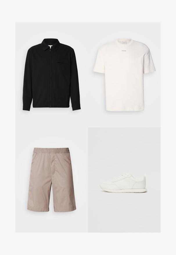 Fekete, hosszú ujjú póló, gallérral, elülső cipzárral és mellzsebbel. Texturált anyagból készült, laza szabású.; Fehér pamut póló, kerek nyakkal, rövid ujjakkal és hímezett "Calvin Klein" logóval a mellkas közepén. Egyszerű design.; Beige rövidnadrág, rugalmas derékkal, sima textúrával, térd hosszúságú vágással, és látható minták vagy fémrészletek nélkül.; Fehér sneaker hálós és szintetikus felsőrésszel, kerek orral, lapos fűzőkkel és textúrázott oldalsávval. Gumi talp hátul húzófüllel.