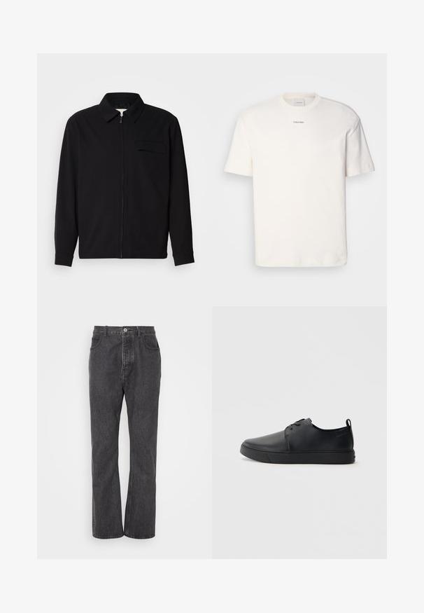 Svart langermet skjorte med krage, frontlås og brystlomme. Laget av teksturert stoff med en avslappet passform.; Hvit bomulls T-skjorte med rund hals, korte ermer og brodert "Calvin Klein" logo i midten av brystet. Enkel design.; Sorte denimbukser med rett benform, med frontknappelukking, beltehemper og subtil falming for tekstur.; Svart lær sneakers med glatt overflate, rund tå, tonede sømmer, snøring foran og flat gummisåle. Løkke på hælen.