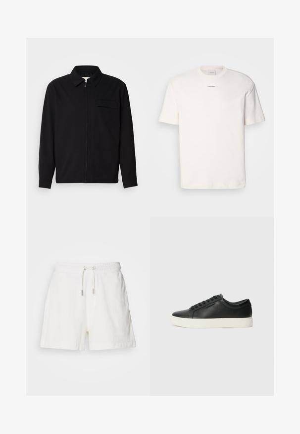 Cămașă neagră cu mânecă lungă, având guler, închidere cu fermoar pe față și buzunar pe piept. Fabricată dintr-un material texturat cu o croială lejeră.; Tricou alb din bumbac, cu guler rotund, mâneci scurte și logo-ul brodat "Calvin Klein" la mijlocul pieptului. Design simplu.; Shorts din bumbac alb, pufoși, cu talie elastică, șnur ajustabil și buzunare laterale. Textură fină, croi confortabil și lungime până la mijlocul coapsei.; Adidași din piele neagră cu textură perforată, vârf rotund și talpă plată din cauciuc alb. Au șireturi negre și un logo subtil pe lateral.