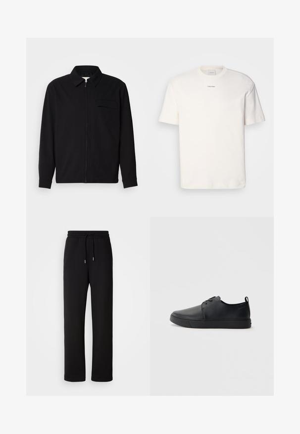 Melna garām piedurknēm krekls ar apkakles izgriezumu, priekšējo rāvējslēdzēju un krūšu kabatu. Izgatavots no teksturēta auduma ar brīvu piegriezumu.; Balta kokvilnas T-kreklu ar apaļu kaklu, īsām piedurknēm un izšūtu "Calvin Klein" logotipu krūšu centrā. Vienkāršs dizains.; Melnas sporta bikses no mīksta auduma, ar auklu jostasvietā, taisnām kājām un bez papildu rakstiem vai akcentiem.; Melnas ādas kedas ar gludu apdari, noapaļota purngala, tonāla šuvēm, auklu fronti un plakanu gumijas zoli. Cilpa pie papēža.