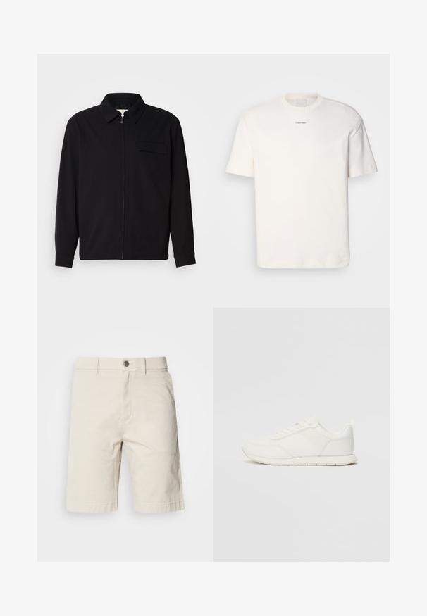 Melna garām piedurknēm krekls ar apkakles izgriezumu, priekšējo rāvējslēdzēju un krūšu kabatu. Izgatavots no teksturēta auduma ar brīvu piegriezumu.; Balta kokvilnas T-kreklu ar apaļu kaklu, īsām piedurknēm un izšūtu "Calvin Klein" logotipu krūšu centrā. Vienkāršs dizains.; Beige kokvilnas šorti ar taisnu griezumu, ar priekšējo pogu un rāvējslēdzēja aizdari, sānu kabatām un šūtām malām.; Baltie sporta apavi ar mežģīņu un sintētisko augšdaļu, apaļu purngalu, plakanu mežģīņu un teksturētu sānu joslu. Gumijas zole ar cilpu aizmugurē.