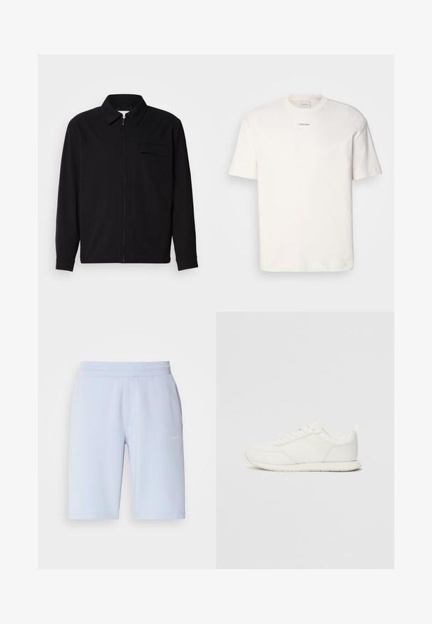 Černá dlouhá rukávová košile s límečkem, předním zipovým uzávěrem a kapsou na hrudi. Vyrobená z texturované tkaniny s uvolněným střihem.; Bílá bavlněná tričko s kulatým výstřihem, krátkými rukávy a vyšitým logem "Calvin Klein" na prostředku hrudi. Jednoduchý design.; Světle modré sportovní šortky vyrobené z jemné tkaniny, s elastickým pasem a bočními kapsami. Malý logo detail na přední straně.; Bílé tenisky s vrchní částí z síťoviny a syntetického materiálu, kulatou špičkou, plochými tkaničkami a texturovaným bočním pruhem. Gumová podrážka s poutkem vzadu.
