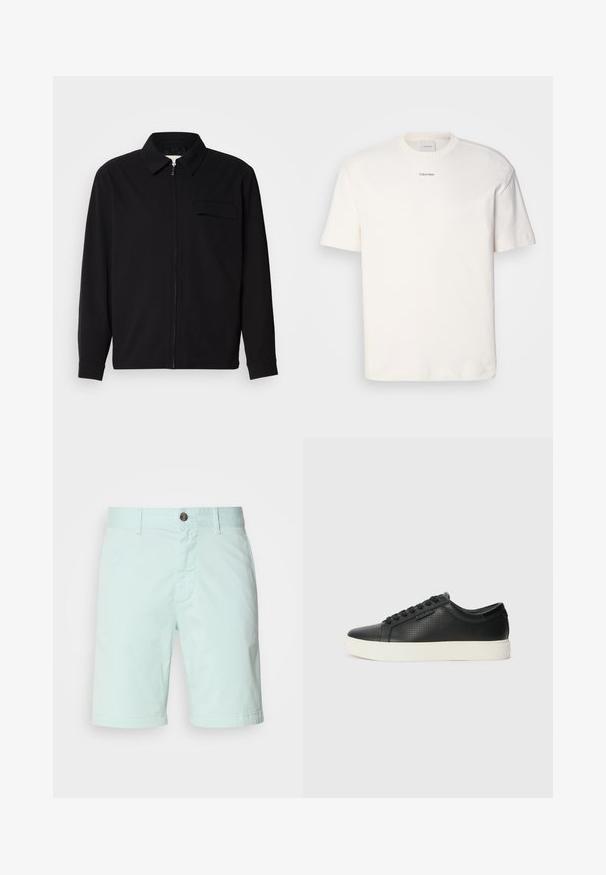 Melna garām piedurknēm krekls ar apkakles izgriezumu, priekšējo rāvējslēdzēju un krūšu kabatu. Izgatavots no teksturēta auduma ar brīvu piegriezumu.; Balta kokvilnas T-kreklu ar apaļu kaklu, īsām piedurknēm un izšūtu "Calvin Klein" logotipu krūšu centrā. Vienkāršs dizains.; Gaiši piparmētru zaļi šorti, izgatavoti no kokvilnas, ar rāvējslēdzēju priekšpusē, pogu aizdari un sānu kabatām. Gluda tekstūra ar ikdienišķu dizainu.; Melnas ādas sporta kurpes ar perforētu tekstūru, apaļu purngalu un plakanu baltu gumijas zoli. Ar melniem šņorējumiem un smalku logo sānos.