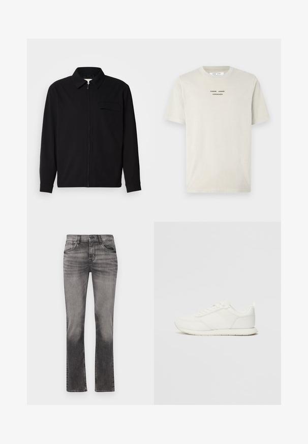 Fekete, hosszú ujjú póló, gallérral, elülső cipzárral és mellzsebbel. Texturált anyagból készült, laza szabású.; Világos bézs pamut póló, rövid ujjú, kerek nyakú, a mellrészen középen fekete nyomott felirattal: "SAMSE SAMSØ COPENHAGEN".; Szürke farmer anyagú, kúpos szárú nadrág, elhalványult felülettel, közepes magas derékkal, öt zsebes dizájnnal és egyenes lábakkal. Kontrasztos varrással készítve.; Fehér sneaker hálós és szintetikus felsőrésszel, kerek orral, lapos fűzőkkel és textúrázott oldalsávval. Gumi talp hátul húzófüllel.