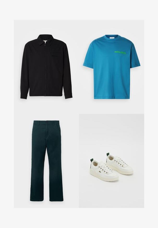 Crna majica dugih rukava s ovratnikom, prednjim zatvaračem i džepom na prsima. Izrađena od teksturiranog materijala s opuštenim krojem.; Tirkizna pamučna majica, okrugli izrez, kratki rukavi, s printanim zelenim "calvin klein" logotipom sprijeda. Glatka tekstura.; Tamnozelene ravne hlače s petljama za pojas, bočnim džepovima i kopčanjem na dugme na ravnoj bijeloj pozadini.; Bijele kožne tenisice s zelenim akcentima, vezanje na vezice, zlatne rupe za vezice i teksturirani paneli. Debeli gumeni potplat u boji krem.