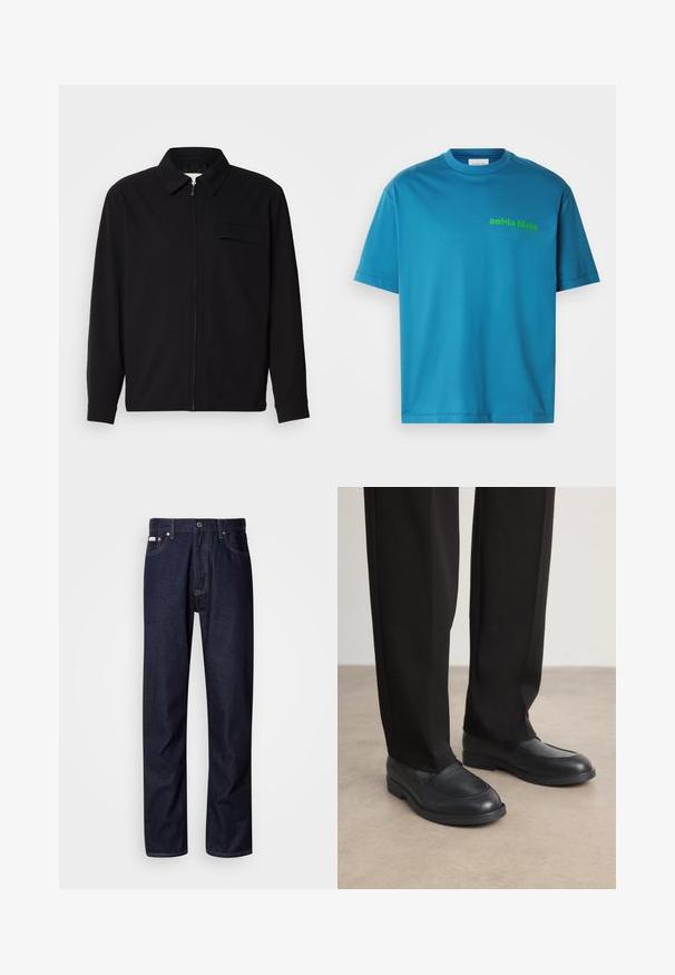 Melna garām piedurknēm krekls ar apkakles izgriezumu, priekšējo rāvējslēdzēju un krūšu kabatu. Izgatavots no teksturēta auduma ar brīvu piegriezumu.; Tirkīza kokvilnas t-krekls, apaļš kakls, īsas piedurknes, ar zaļu "Calvin Klein" logo, kas iespiests priekšpusē. Gluda tekstūra.; Tumši zilie džinsi ar taisnas kājas piegriezumu, ar pogu aizdari, pieciem kabatām un kontrastējošām aizšuvēm.; Calvin Klein Mokasīni - black