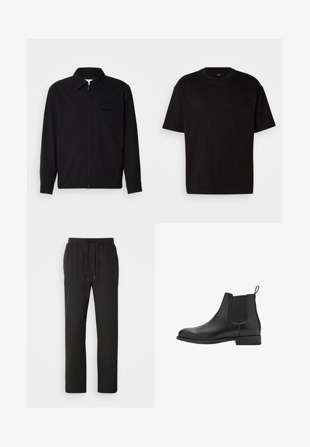 Schwarzes Langarmshirt mit Kragen, Frontreißverschluss und Brusttasche. Aus strukturiertem Stoff mit entspannter Passform.; Schwarzes Baumwoll-T-Shirt mit kurzen Ärmeln, das ein geprägtes "Calvin Klein"-Logo auf der Vorderseite, einen runden Ausschnitt und eine lässige Passform aufweist.; Schwarze Jogginghosen aus leichtem Stoff, mit einem elastischen Bund und verstellbaren Kordeln sowie Seitentaschen. Glatte Textur.; Schwarze Leder Chelsea-Stiefel mit elastischen Seitenpaneelen, runder Spitze und niedrigem Blockabsatz. Glatte Textur und sauberes, minimalistisches Design.