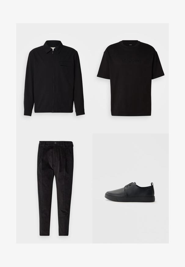 Czarna koszula z długim rękawem z kołnierzykiem, z zapięciem na suwak z przodu oraz kieszonką na piersi. Wykonana z teksturowanej tkaniny o luźnym kroju.; Czarny bawełniany t-shirt z krótkim rękawem, z wytłoczonym logo "Calvin Klein" na przodzie, okrągłym dekoltem i luźnym krojem.; Czarne spodnie corduroy z teksturowanym wykończeniem, charakteryzujące się prostą nogawką, plisowanym przodem oraz elastyczną talią dla komfortu.; Czarne skórzane sneakersy o gładkim wykończeniu, zaokrąglonym nosku, tonalnym przeszyciu, sznurowanym przodzie oraz płaskiej gumowej podeszwie. Pętla na pięcie.
