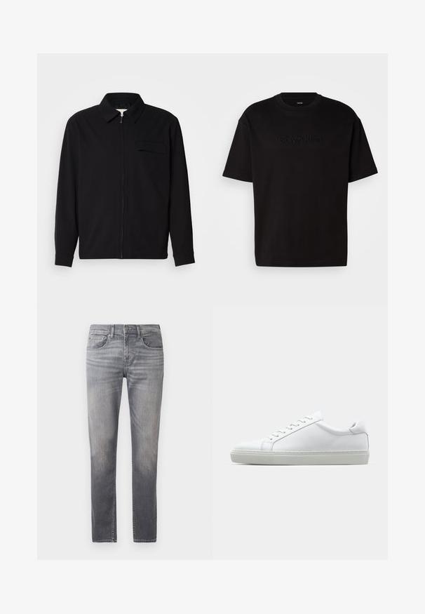 Melna garām piedurknēm krekls ar apkakles izgriezumu, priekšējo rāvējslēdzēju un krūšu kabatu. Izgatavots no teksturēta auduma ar brīvu piegriezumu.; Melnas kokvilnas t-krekls ar īsām piedurknēm, priekšpusē ar reljefu "Calvin Klein" logotipu, apaļš kakla izgriezums un brīvs piegriezums.; Pelēki džinsi ar taisnu kāju piegriezumu, ar izbalējušu dizainu, piecām kabatām un standarta vidukli ar pogu aizdari.; Baltie sporta apavi ar gludu ādas virsu un zemu profilu. Iezīmējas ar noapaļotu purngalu, sešām acīm un teksturētu gumijas zoli.