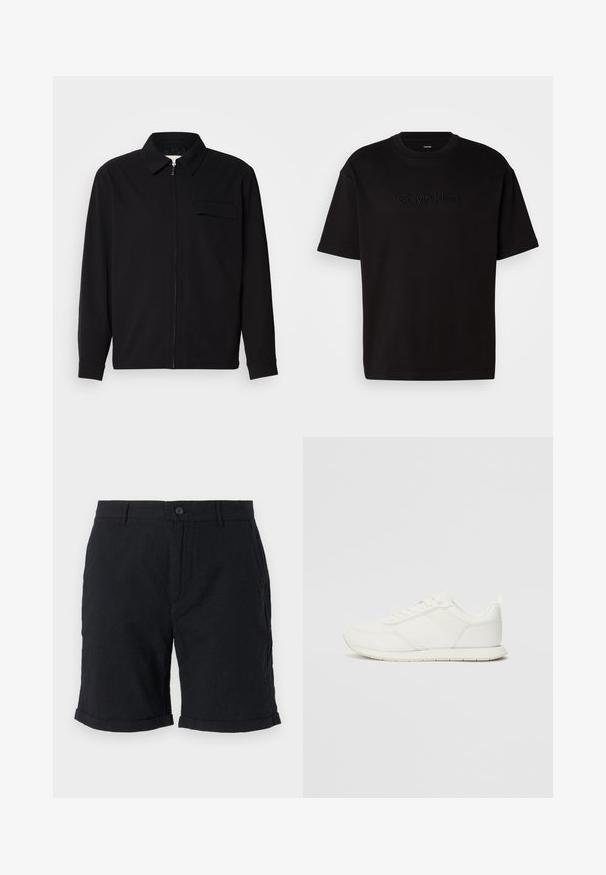 Czarna koszula z długim rękawem z kołnierzykiem, z zapięciem na suwak z przodu oraz kieszonką na piersi. Wykonana z teksturowanej tkaniny o luźnym kroju.; Czarny bawełniany t-shirt z krótkim rękawem, z wytłoczonym logo "Calvin Klein" na przodzie, okrągłym dekoltem i luźnym krojem.; Czarne lniane szorty z zapięciem na guzik, z podwiniętymi końcami i bocznymi kieszeniami, oferujące teksturowane wykończenie i casualowy design.; Białe trampki z siateczkową i syntetyczną cholewką, okrągłym noskiem, płaskimi sznurowadłami oraz teksturowanym paskiem bocznym. Gumowa podeszwa z pętelką z tyłu.
