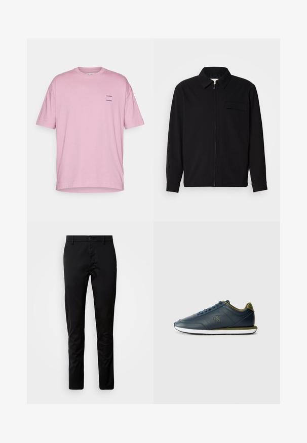 Melna garām piedurknēm krekls ar apkakles izgriezumu, priekšējo rāvējslēdzēju un krūšu kabatu. Izgatavots no teksturēta auduma ar brīvu piegriezumu.; Rozā kokvilnas t-krekls ar brīvu piegriezumu, īsām piedurknēm, apaļu kakla izgriezumu un divām mazām melnām izdrukātām logotipiem kreisajā krūtī.; Melni bikses ar šauru piegriezumu, izgatavotas no gludas auduma. Aprīkotas ar jostu un pogu aizdari, kā arī taisnas kājas.; Calvin Klein Jeans RETRO RUNNER - Sporta apavi - navy/capers