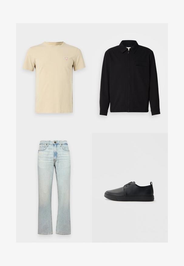 Črna dolgoročna majica z ovratnikom, sprednjim zadrgo in žepom na prsih. Narejena iz teksturirane tkanine z sproščenim krojem.; Beige bombažna majica s kratkimi rokavi in okroglim izrezom, z majhnim rdečim trikotnim logotipom na levi prsni strani. Enostaven dizajn, mehak videz.; Svijetloplave traperice s visokim strukom, ravnog kroja, sa suptilnim izblijedjenjem. Sadrže pet džepova i metalno kopčanje.; Črne usnjene športne čevlje z gladko površino, okroglo oblikovano nosilo, toniranim šivanjem, vezanjem spredaj in ravnim gumijastim podplatom. Zanko na peti.