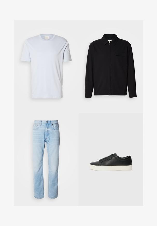 Czarna koszula z długim rękawem z kołnierzykiem, z zapięciem na suwak z przodu oraz kieszonką na piersi. Wykonana z teksturowanej tkaniny o luźnym kroju.; Jasnoniebieski bawełniany T-shirt z okrągłym dekoltem, krótkimi rękawami i subtelnym logo po lewej stronie klatki piersiowej. Gładka struktura materiału.; Jasnoniebieskie dżinsy z prostymi nogawkami, z wyblakłymi odcieniami, pięcioma kieszeniami oraz klasycznym zapinaniem na guzik.; Czarne skórzane sneakersy z perforowaną fakturą, okrągłym czubkiem i płaską, białą gumową podeszwą. Posiadają czarne sznurówki i subtelne logo po boku.