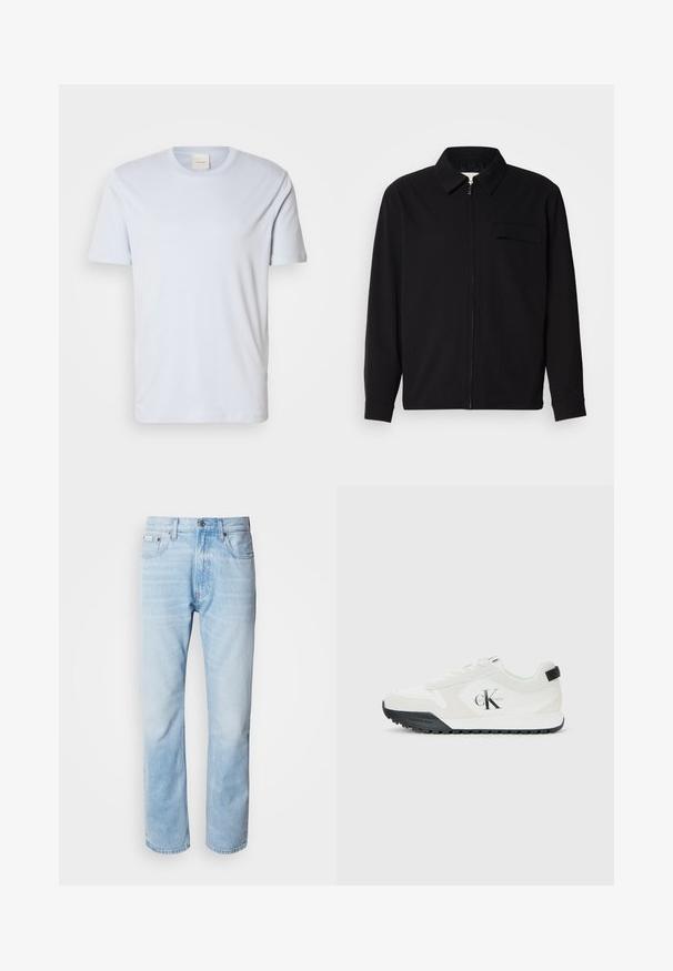 Black long-sleeve shirt featuring a collared neckline, front zip closure, and a chest pocket. Made of textured fabric with a relaxed fit.; Light blue cotton t-shirt with a crew neckline, short sleeves, and a subtle logo detail on the left chest. Smooth texture throughout.; Light blue denim jeans with a straight leg cut, featuring faded sections, five-pocket design, and a classic button fly.; Calvin Klein white sneaker with black sole, suede and mesh panels, CK logo on side, and Calvin Klein branding on heel and sole.