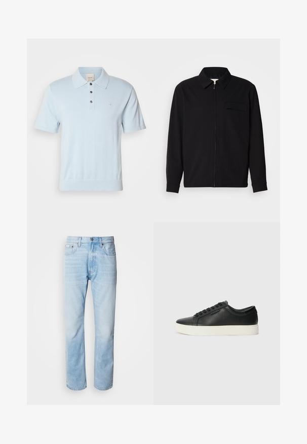 Musta pitkähihaine paita, jossa on kauluksellinen kaulus, edessä vetoketju ja rintatasku. Valmistettu teksturoidusta kankaasta, jossa on rento istuvuus.; Vaaleansininen poolopaita, jossa on lyhyet hihat, kaulus, kolmonen napitus ja huomaamaton logo rinnassa. Pehmeä neulottu kangas.; Vaaleansiniset farkut suoranlahkeisella leikkauksella, joissa on haalistuneita kohtia, viisi taskua ja klassinen nappisuljenta.; Mustat nahkasneakersit rei'itetyllä pinnalla, pyöreällä varvalla ja litteällä valkoisella kumipohjalla. Varustettu mustilla nauhoilla ja hienovaraisella logolla sivussa.