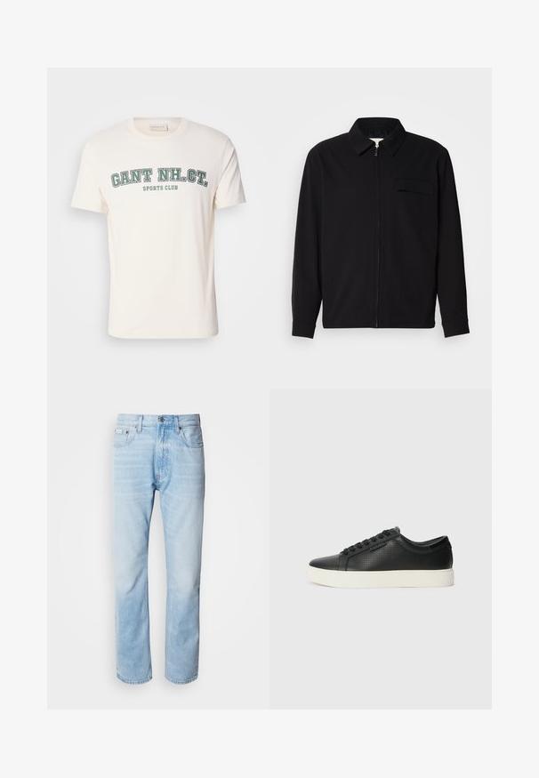 Black long-sleeve shirt featuring a collared neckline, front zip closure, and a chest pocket. Made of textured fabric with a relaxed fit.; Cream cotton t-shirt featuring a round neckline and short sleeves. The front displays "GANT NH. CT." and "SPORTS CLUB" in green and black text.; Light blue denim jeans with a straight leg cut, featuring faded sections, five-pocket design, and a classic button fly.; Black leather sneakers with perforated texture, round toe, and flat white rubber sole. Features black laces and a subtle logo on the side.