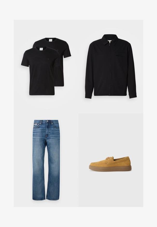 Zwarte lange mouwen shirt met een kraaghals, voorste rits sluiting en een borstzak. Gemaakt van een gestructureerde stof met een relaxte pasvorm.; Zwarte katoenen t-shirts met ronde hals en korte mouwen. Voorzien van een klein logo op de borst. Wordt geleverd als een set van twee.; Blauwe rechte spijkerbroek met lichte vervaging, gesloten met een knoop aan de voorkant en een klein logolabel op de rechter voorkzak.; Bruine suède instap schoenen met een gestructureerde afwerking, ronde neus en een contrasterende rubberen zool. Heeft subtiele branding nabij de hiel.