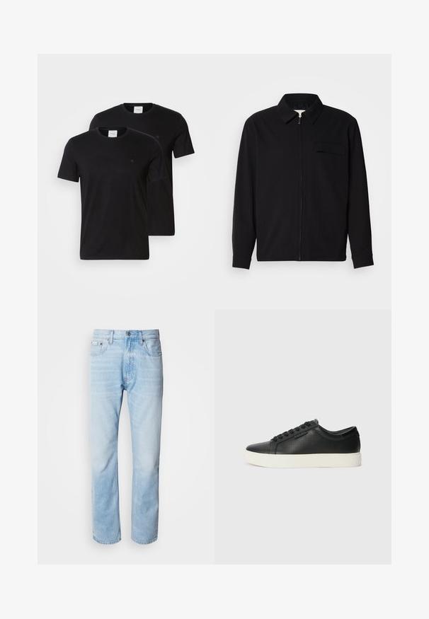 Černá dlouhá rukávová košile s límečkem, předním zipovým uzávěrem a kapsou na hrudi. Vyrobená z texturované tkaniny s uvolněným střihem.; Černé bavlněné trička s kulatým výstřihem a krátkým rukávem. Obsahují malé logo na hrudi. Dodávána jako balení dvou kusů.; Světle modré džíny s rovnou nohavicí, s vybledlými částmi, pěti kapsami a klasickým zapínáním na knoflík.; Černé kožené tenisky s perforovanou texturou, kulatou špičkou a plochou bílou gumovou podrážkou. Mají černé tkaničky a jemné logo na boční straně.