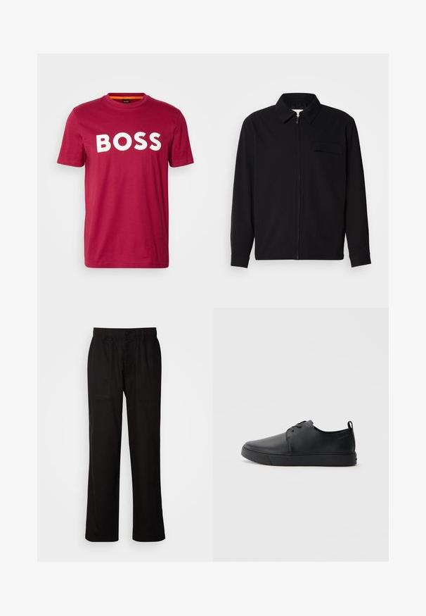 Camisa negra de manga larga que presenta un cuello con solapa, cierre frontal con cremallera y un bolsillo en el pecho. Fabricada con una tela texturizada y un corte holgado.; BOSS THINKING - Camiseta estampada - open red; Pantalones negros con un ajuste relajado, hechos de una tela ligera. Presentan una cintura elástica, cierre de botón y dos bolsillos frontales.; Zapatilla negra de cuero con acabado suave, punta redondeada, costuras a tono, cordones en la parte delantera y suela de goma plana. Asa en el talón.