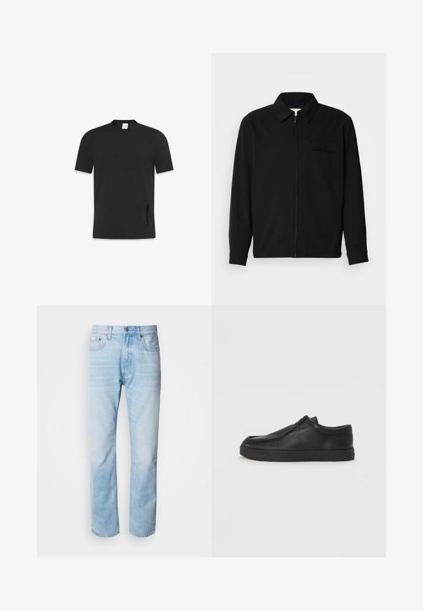 Čierna košeľa s dlhým rukávom, so golierom, predným zipsom a vreckom na hrudi. Vyrobená z textúrovanej tkaniny s voľným strihom.; Čierne tričko s krátkym rukávom vyrobené z hladkej bavlny, s klasickým okrúhlym výstrihom a malým logom potlačeným na spodnej strane.; Svetlomodré džínsy s rovnými nohavicami, s vybledlými časťami, dizajnom s piatimi vreckami a klasickým zapínaním na gombíky.; Čierna kožená slip-on obuv s okrúhlou špičkou, prešívaním a čiernou gumovou podrážkou. Hladký povrch s minimalistickým dizajnom.