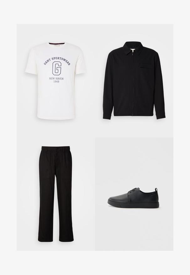 Juodas ilgomis rankovėmis marškinis, turintis apykaklės iškirptę, priekinį užtrauktuką ir krūtinės kišenę. Pagamintas iš tekstūruoto audinio, turinčio laisvą kirpimą.; Balta medvilnės marškinėliai su apvalia apykakle, trumpomis rankovėmis ir tamsiai mėlyna spauda: "GANT SPORTSWEAR," "NEW HAVEN," ir "1949."; Juodos kelnės su laisvu siluetu, pagamintos iš lengvos medžiagos. Yra elastingas juosmuo, mygtuko užsegimas ir dvi priekinės kišenės.; Juodos odinės sportinės bateliai su lygiu paviršium, suapvalinta nosimi, toniniais siūlais, raištelių užsegimu priekyje ir plokščiu guminiu padu. Kilpelė ant kulno.