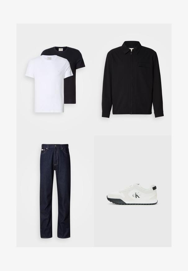 Melna garām piedurknēm krekls ar apkakles izgriezumu, priekšējo rāvējslēdzēju un krūšu kabatu. Izgatavots no teksturēta auduma ar brīvu piegriezumu.; Divas apkalpes t-krekli ar apaļu kakla izdari, viens balts un viens melns, izgatavoti no mīksta kokvilnas. Abiem ir vienkāršs dizains un maza logo uz krūtīm.; Tumši zilie džinsi ar taisnas kājas piegriezumu, ar pogu aizdari, pieciem kabatām un kontrastējošām aizšuvēm.; Calvin Klein balti čības ar melnu zoli, zamša un acu paneļiem, CK logo uz sāniem, kā arī Calvin Klein zīmols uz papēža un zoles.
